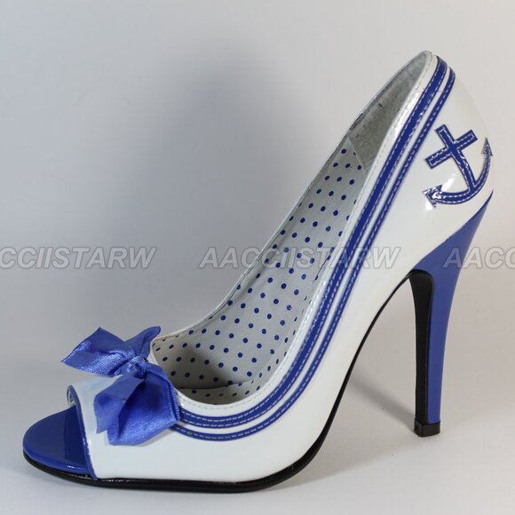 Ellie Anchor sailor cosplay white blue peep toe 5 inch heels size 9 - Picture 4 of 12